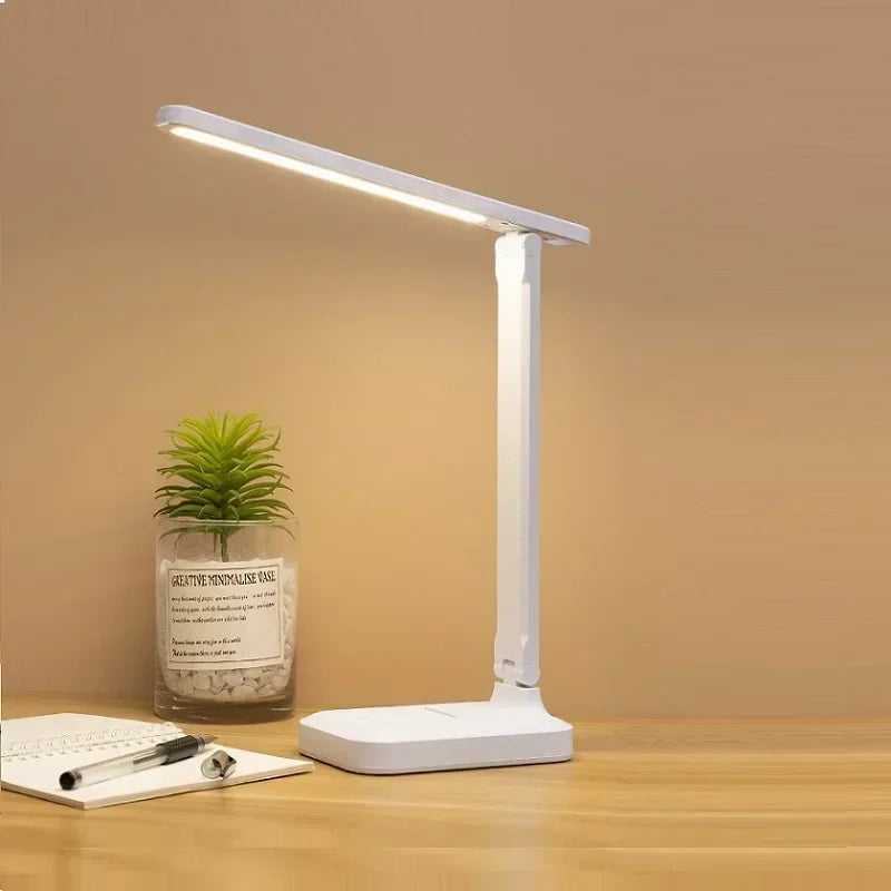 LED desk light with touch dimming and gentle light for comfortable reading or studying.