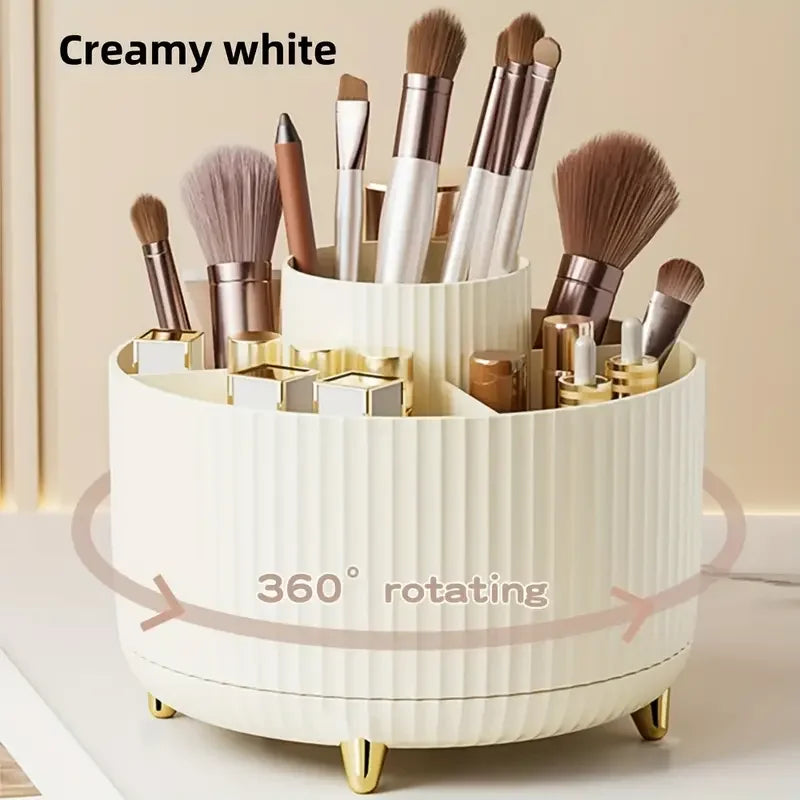 Portable 360° rotating brush holder for makeup stations.