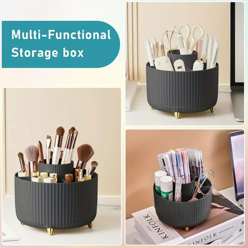 Compact makeup brush holder with rotating base and 5 slots.