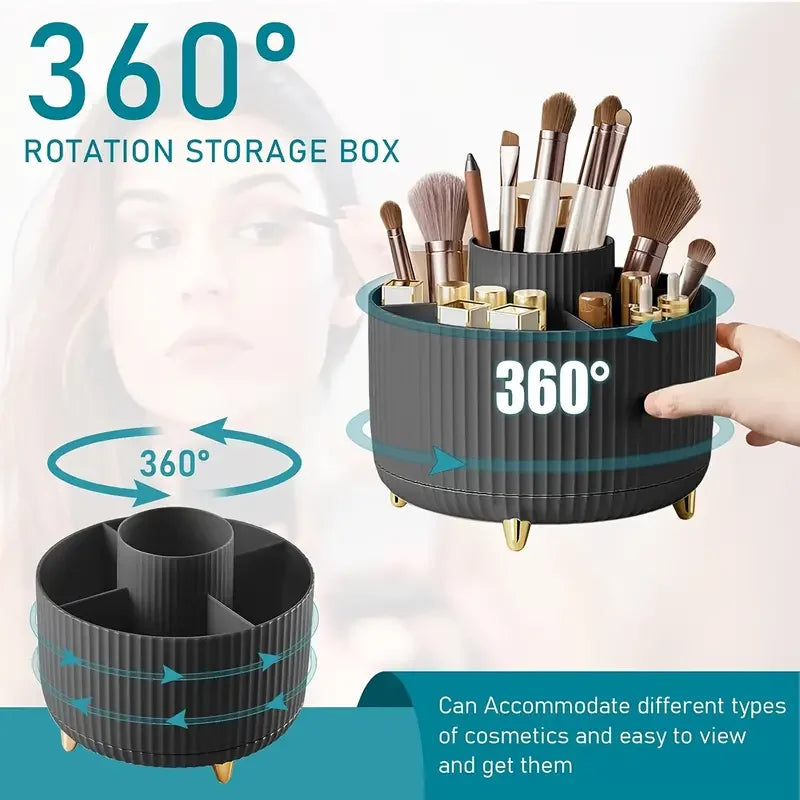 Makeup brush storage with swivel design for easy access.