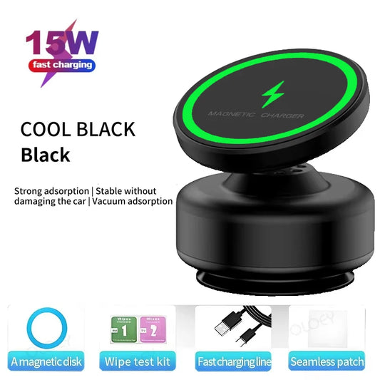 Magnetic car phone holder with 360° swivel and wireless charging capability.