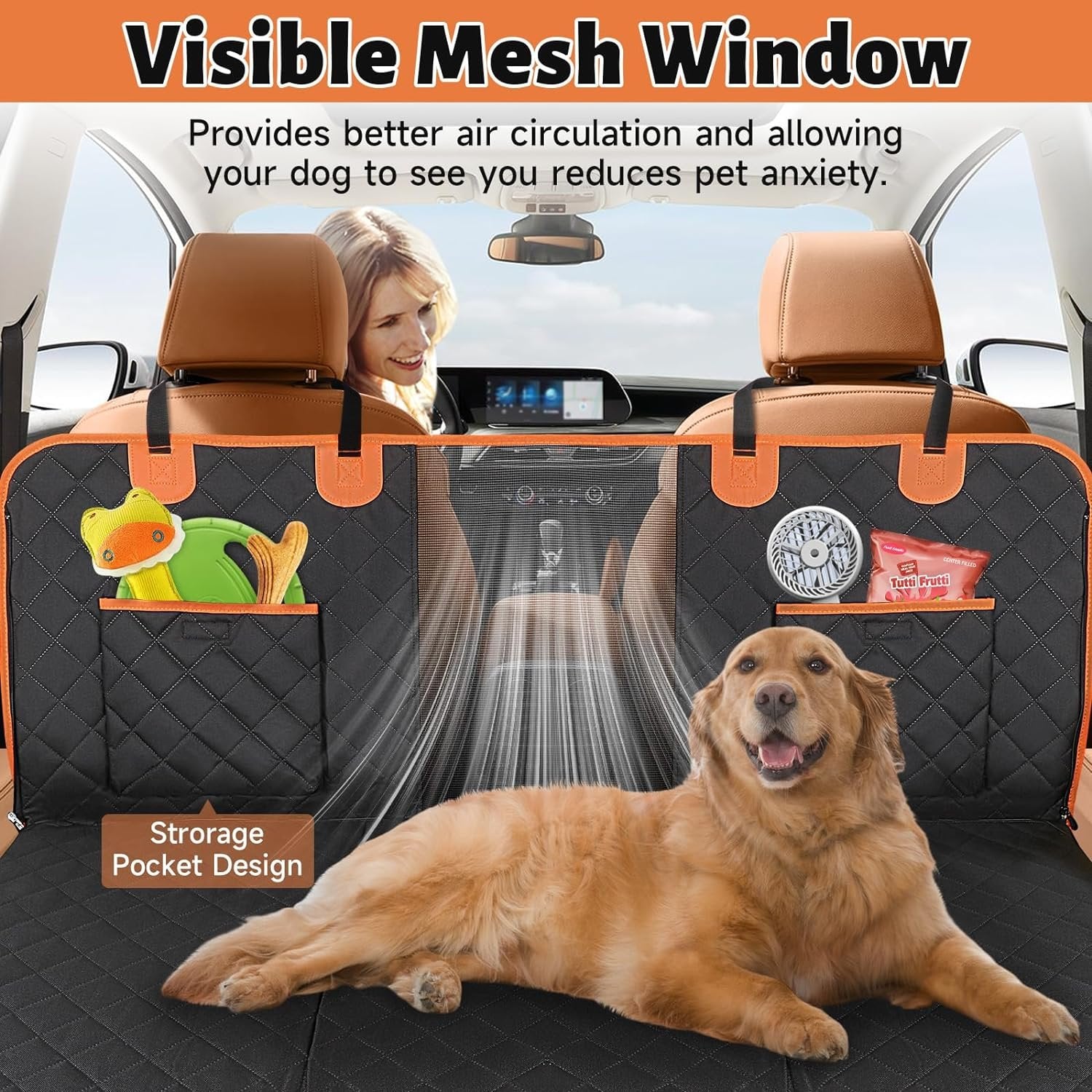 Car seat cover for pets with a mesh window to ensure proper airflow during travel.