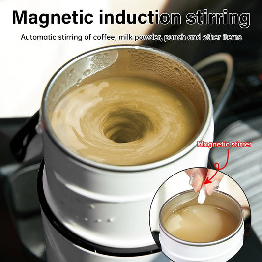 Compact and portable stainless steel electric mug with adjustable temperature settings.