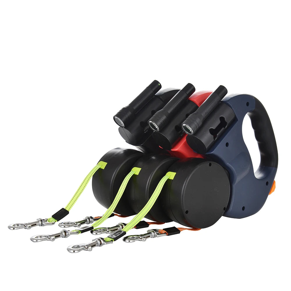 Retractable dual dog leash with built-in lights, perfect for safe, tangle-free walks.