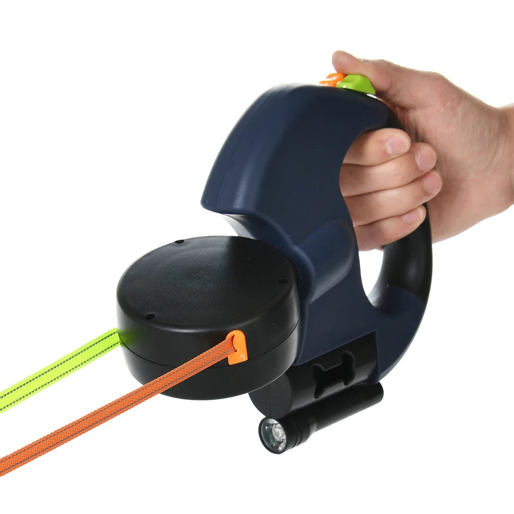 A tangle-free retractable leash for walking two dogs with added safety lights.