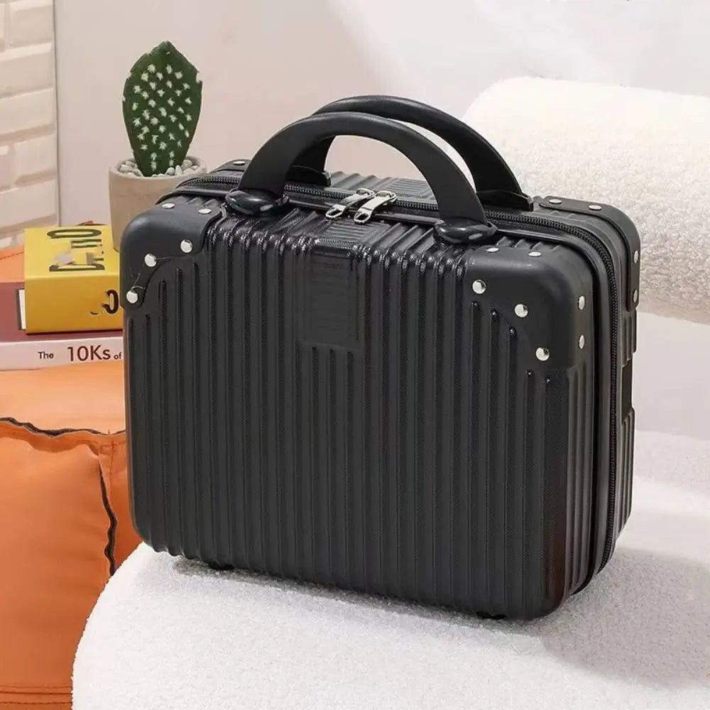 Black hand luggage makeup case with a sleek and modern design, measuring 30cm x 23cm x 15.5cm, perfect for travel and cosmetics organization