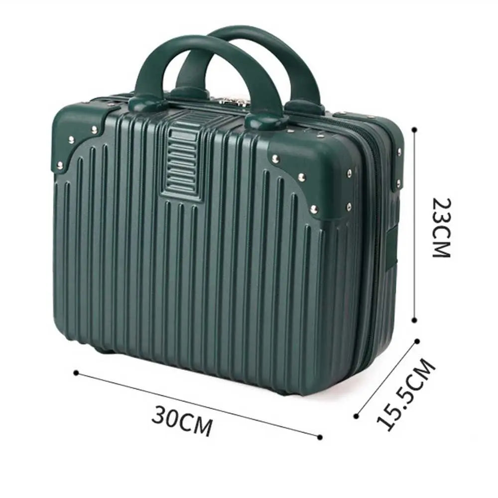 Dark green hand luggage makeup case with a sleek design, measuring 30cm x 23cm x 15.5cm, ideal for travel and beauty organization