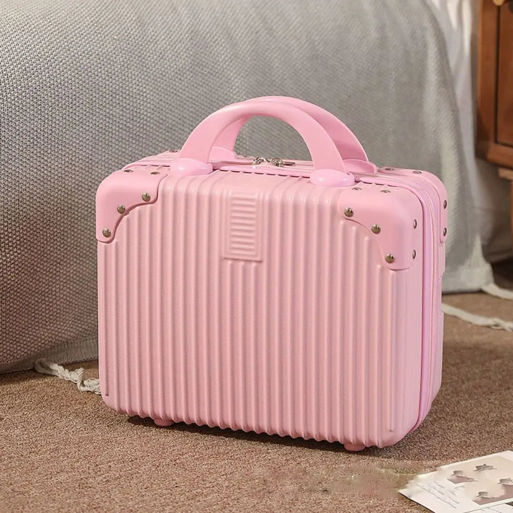 Pink hand luggage makeup case with a stylish design, measuring 30cm x 23cm x 15.5cm, ideal for travel and beauty organization.