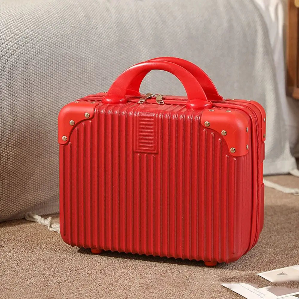 Red hand luggage makeup case with a bold and stylish design, measuring 30cm x 23cm x 15.5cm, ideal for travel and cosmetics storage