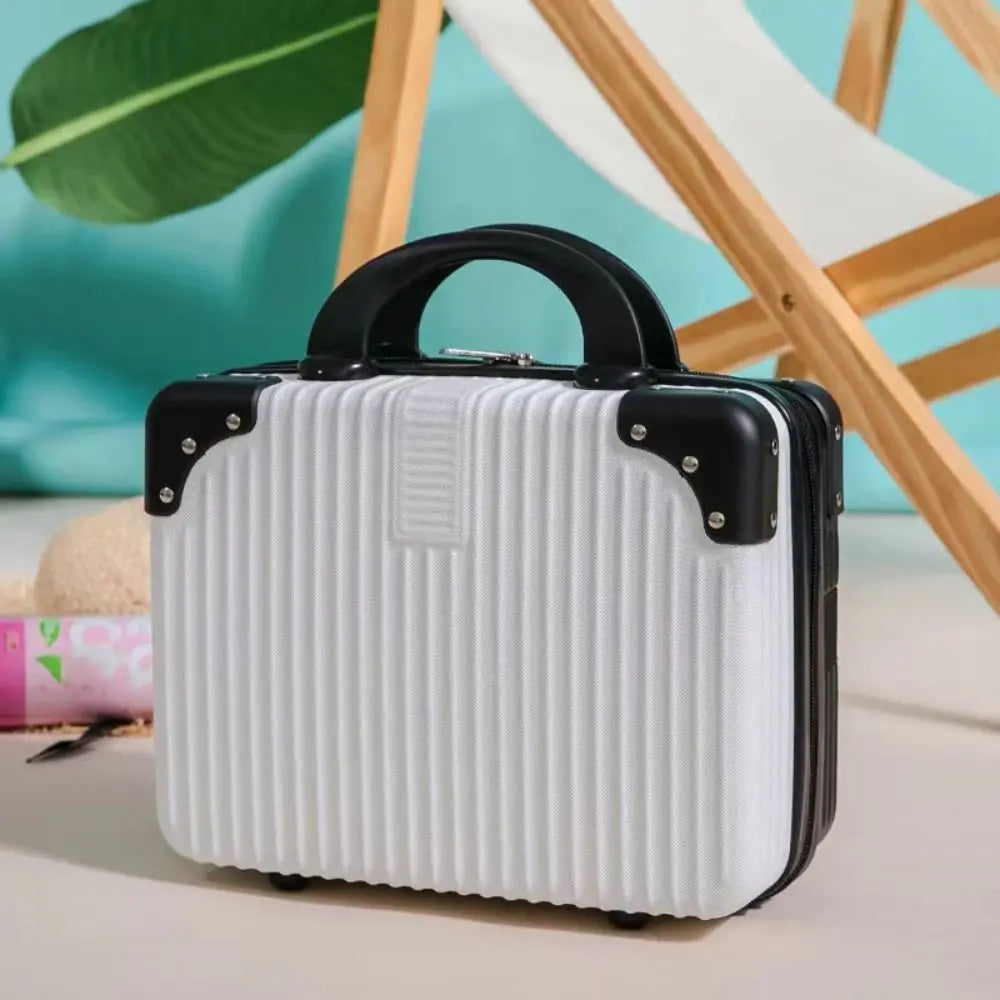 White hand luggage makeup case with a minimalist design, measuring 30cm x 23cm x 15.5cm, perfect for travel and beauty essential