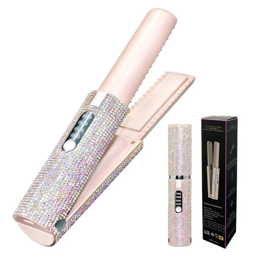 Customer review of a pink wireless hair straightener showing the product held in hand, with a 5-star rating and positive feedback on heating performance.
